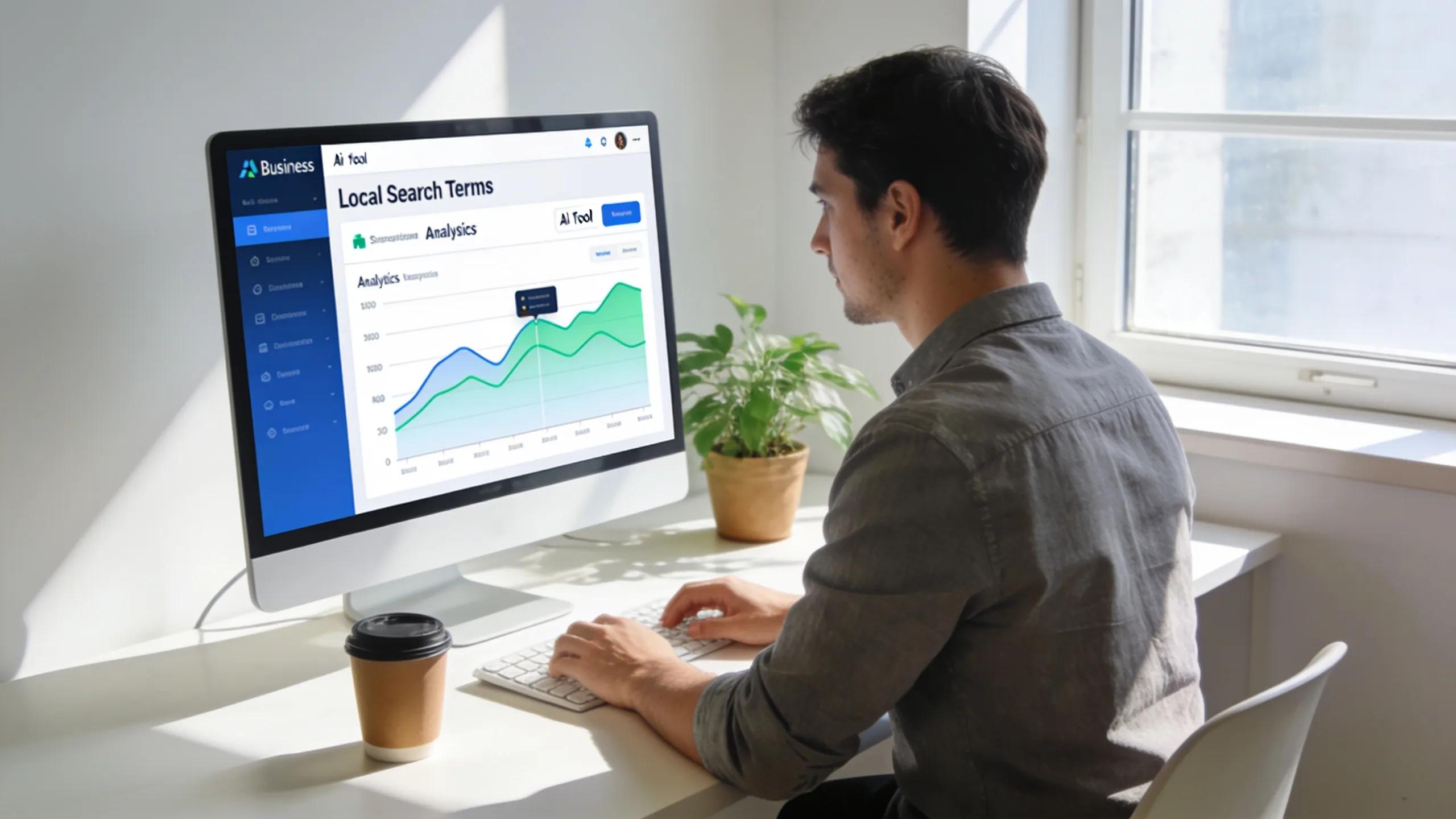 Small business owner using AI tools for automated keyword research to enhance local search marketing Small business owner using AI tools for automated keyword research to enhance local search marketing