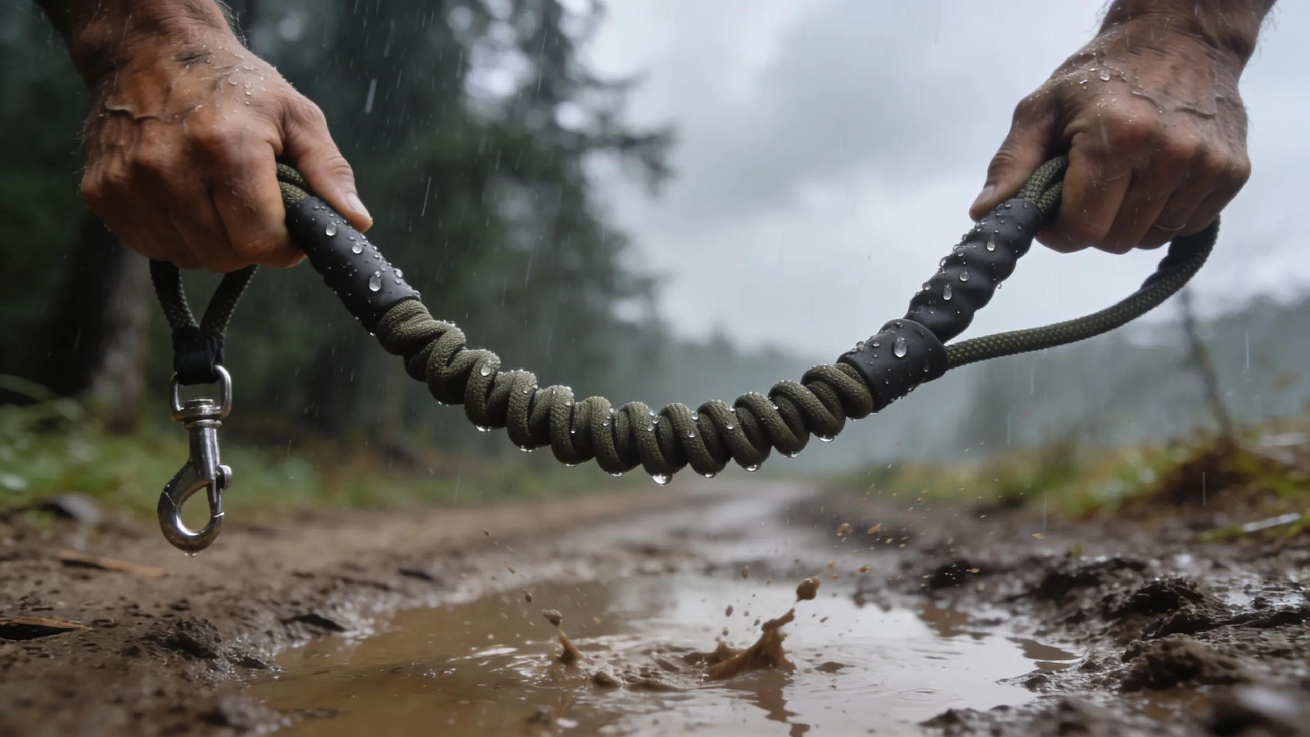 Hands holding a durable bungee dog leash in rainy outdoor conditions