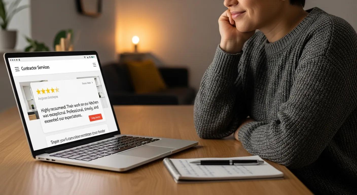 Person reading positive customer reviews on a laptop, highlighting the importance of testimonials in contractor selection