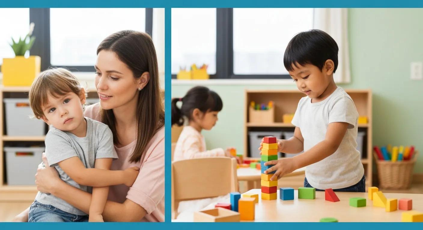 A bright, natural-light preschool classroom with two contrasting scenes side-by-side. On one side, a young child clings to a calm, supportive teacher, looking hesitant or unsure. On the other side, another child confidently engages in an activity independently — stacking blocks, exploring a toy, or interacting with peers. The environment should feel warm, safe, and educational, with colorful shelves, child-friendly materials, and soft tones. The overall mood conveys the contrast between dependency and confidence in early childhood development.
