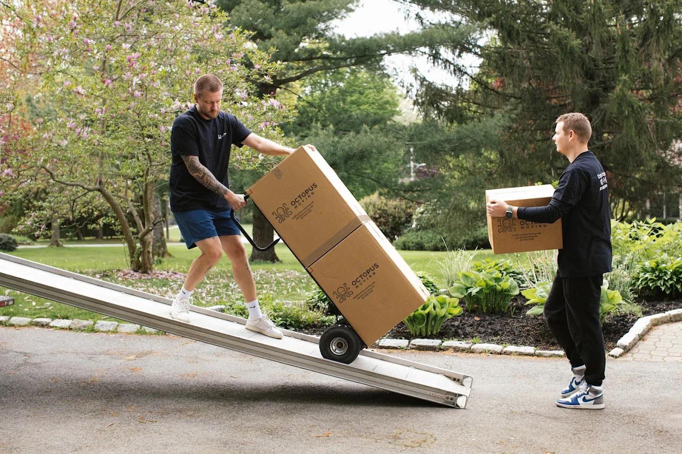 Temporary moving storage unit containing neatly packed boxes and belongings, illustrating organized storage solutions