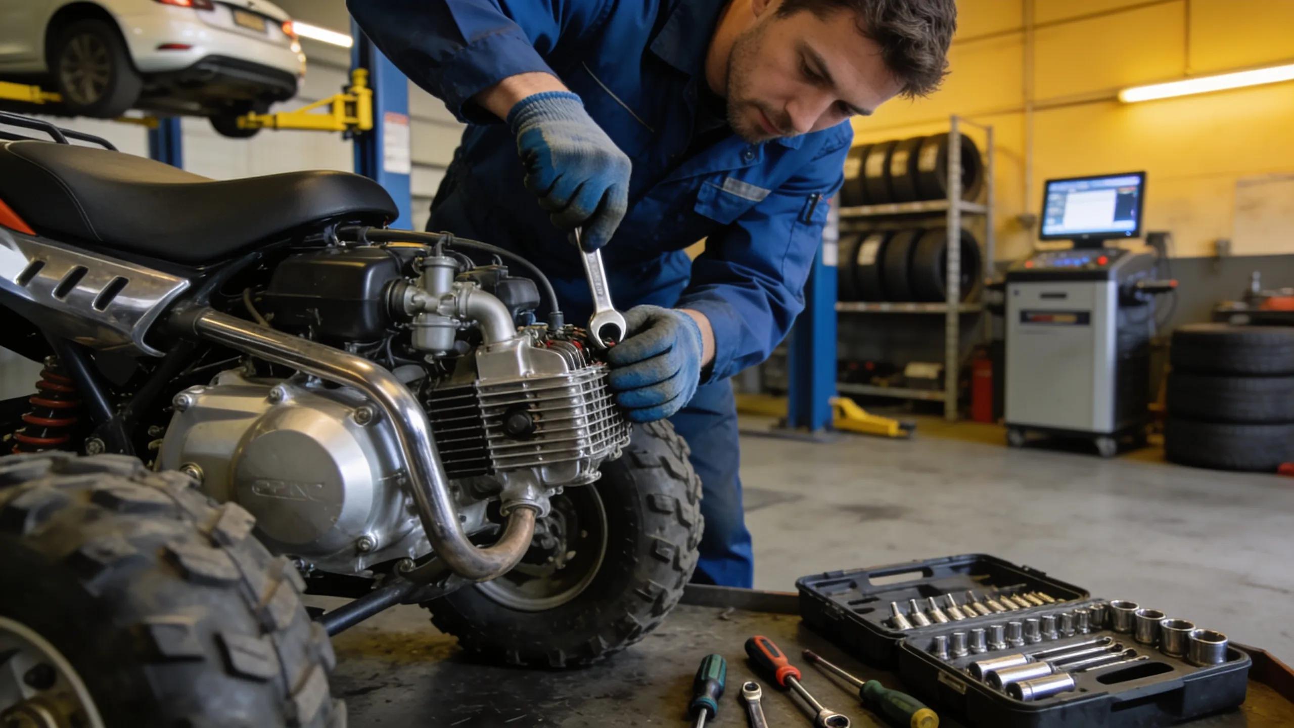 Mechanic performing maintenance on an ATV in a service shop