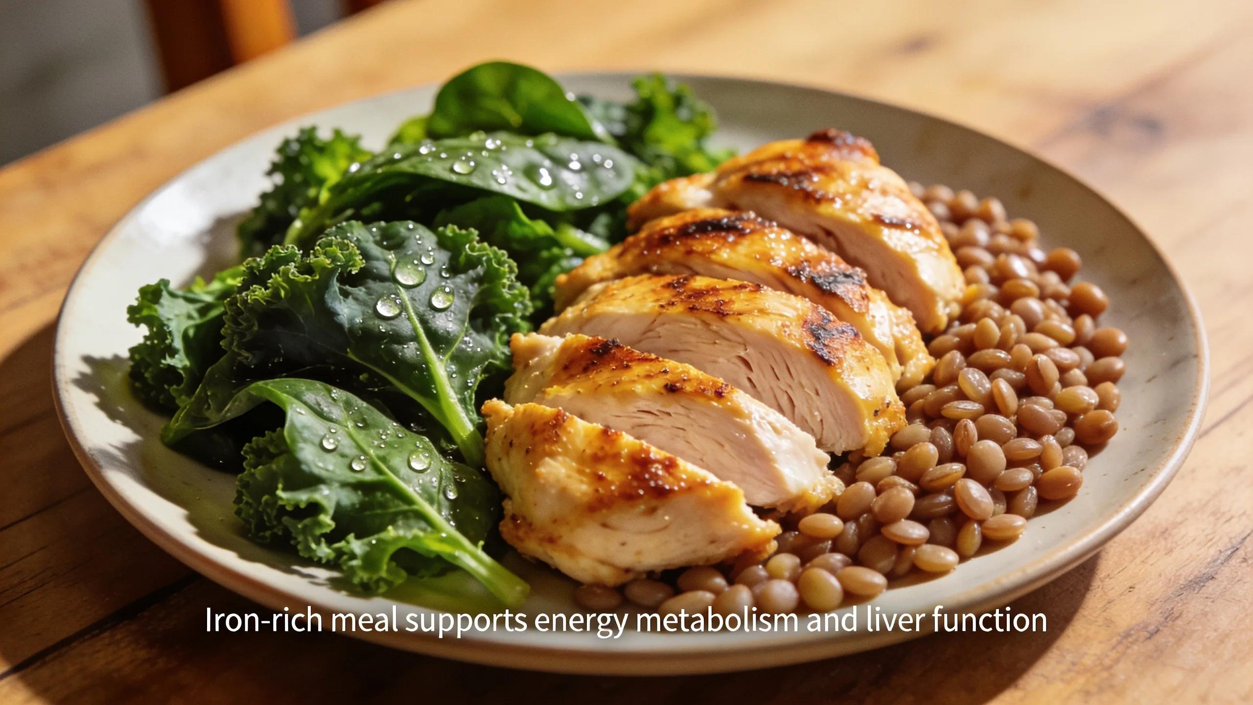 A nutritious meal rich in iron for energy metabolism, showcasing grilled chicken and lentils