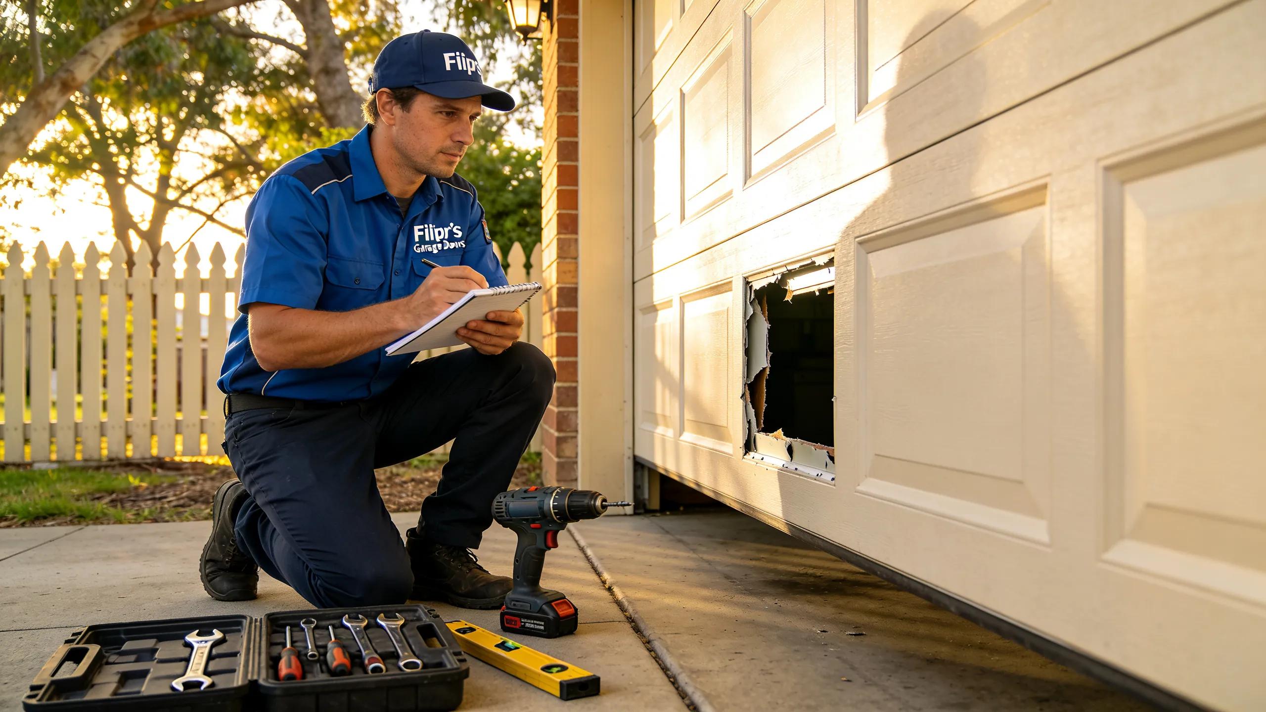 Garage door technician repairing an emergency garage door, showcasing local service in Fleurieu Peninsula