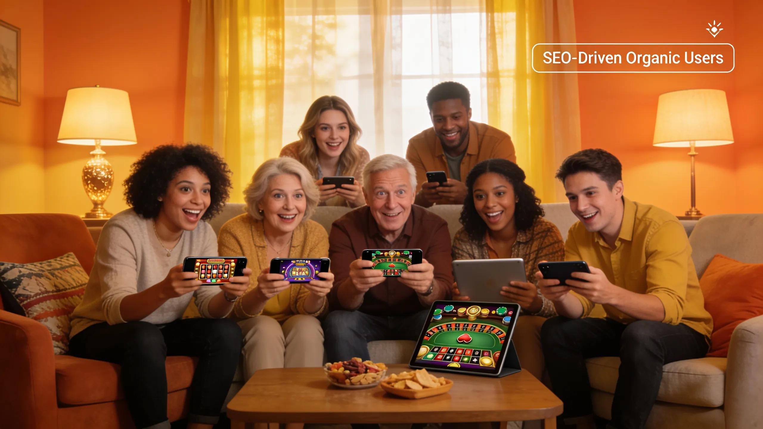 Diverse individuals engaged in mobile gambling, highlighting the effectiveness of SEO in attracting players.