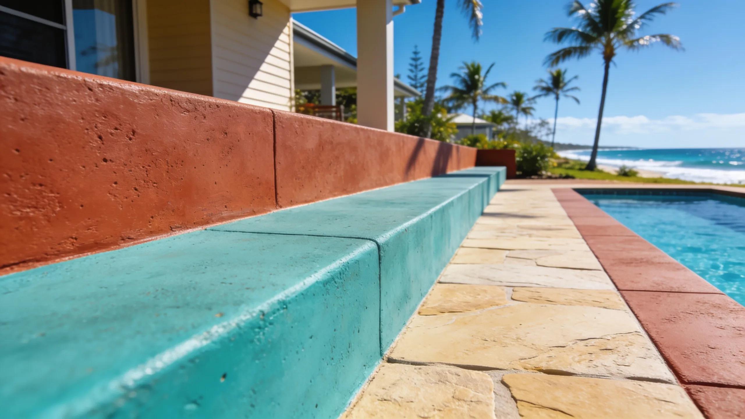 Vibrant coloured concrete surfaces in coastal Queensland setting demonstrating aesthetic appeal and durability.