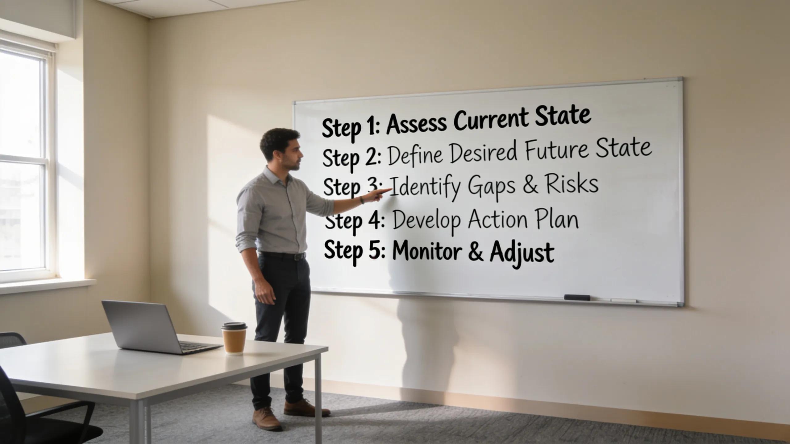 Professional reviewing a five-step change readiness framework on a whiteboard in a quiet office