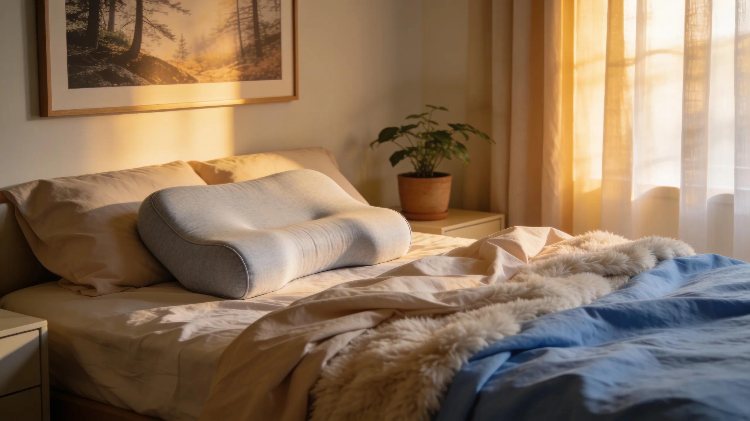 Ergonomic pillow for side sleepers in a tranquil bedroom setting promoting restful sleep