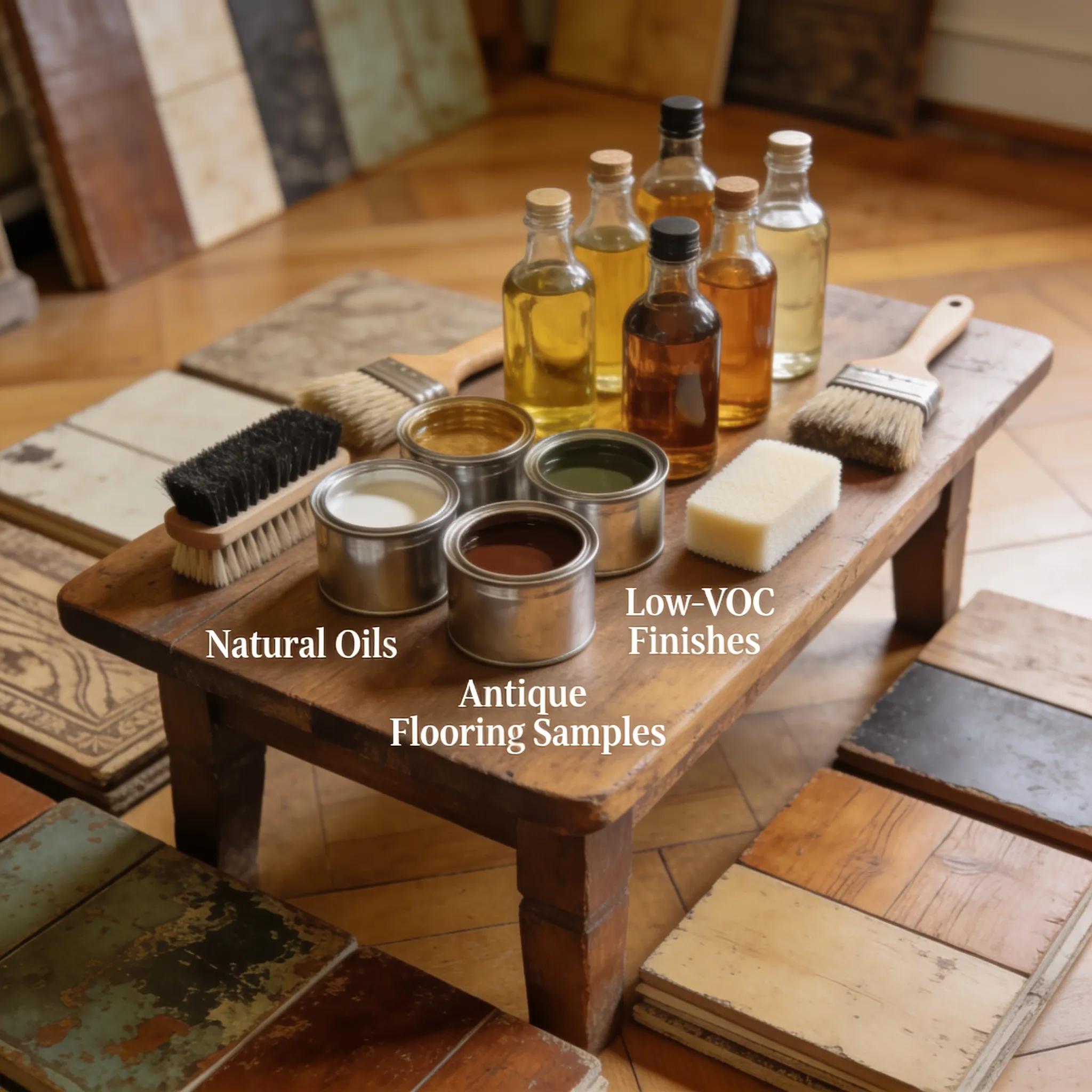 Eco-friendly oils and low‑VOC finishes arranged for sustainable floor restoration