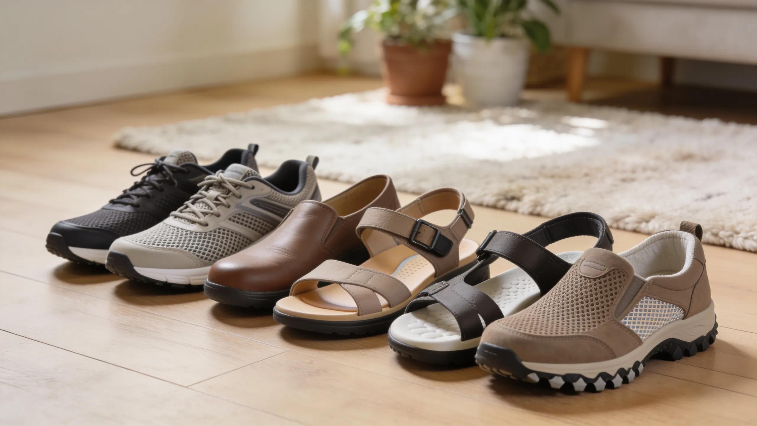 A variety of diabetic footwear designed to alleviate plantar fasciitis pain, showcasing their supportive features.