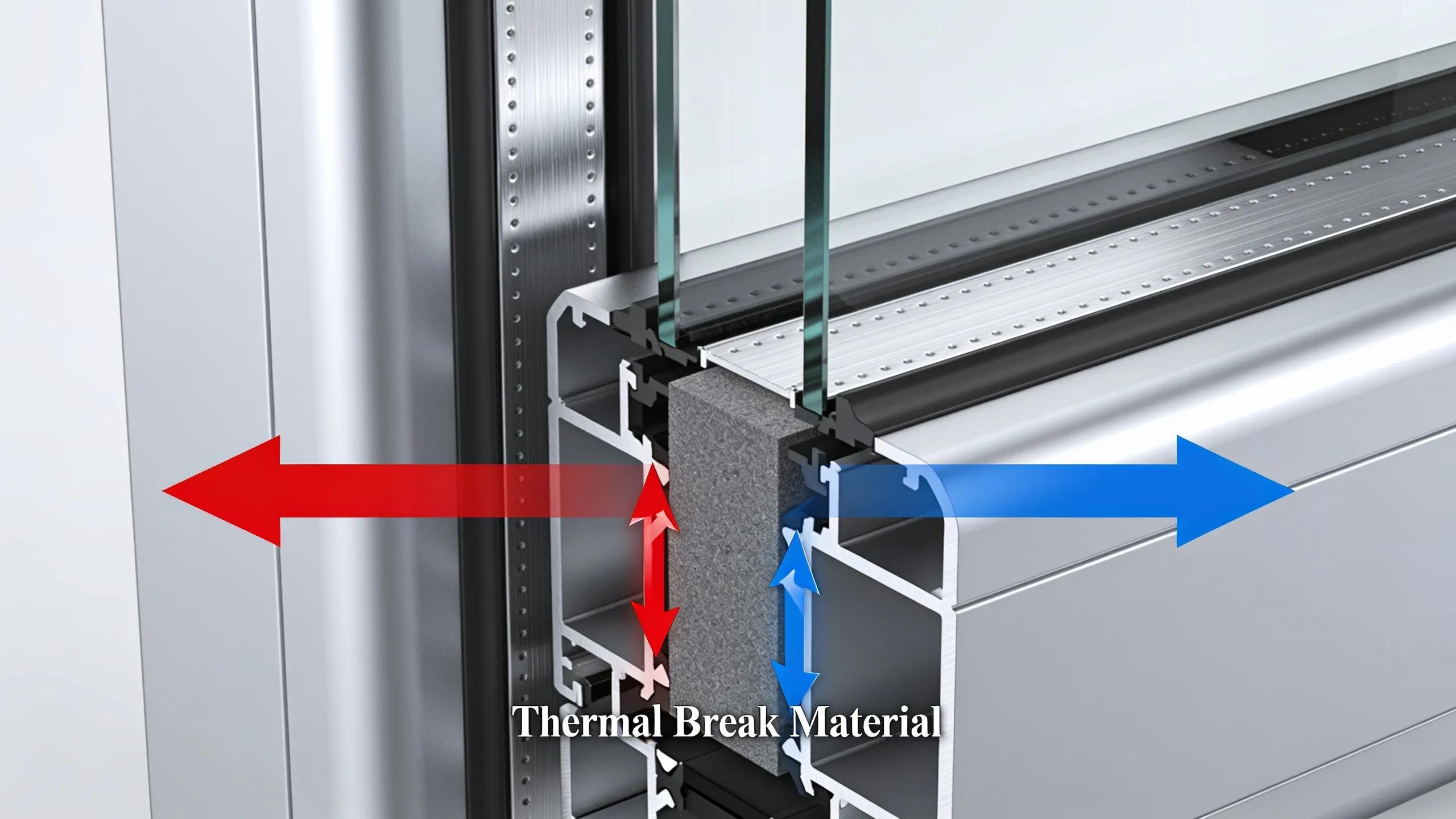 Aluminum door cross-section illustrating thermal break material and heat transfer reduction.