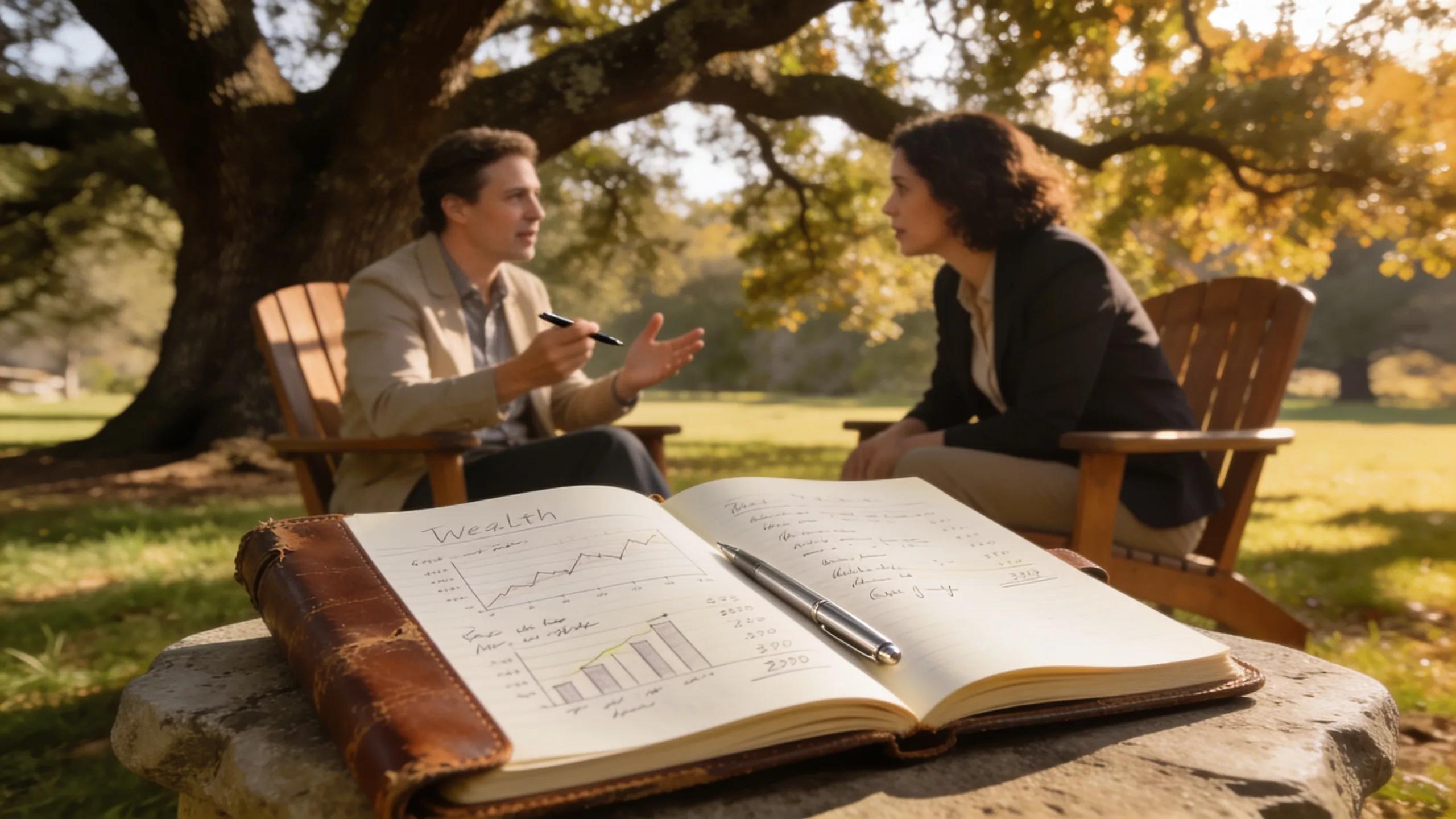 A wealth coach and client discussing strategies in a relaxed outdoor setting.