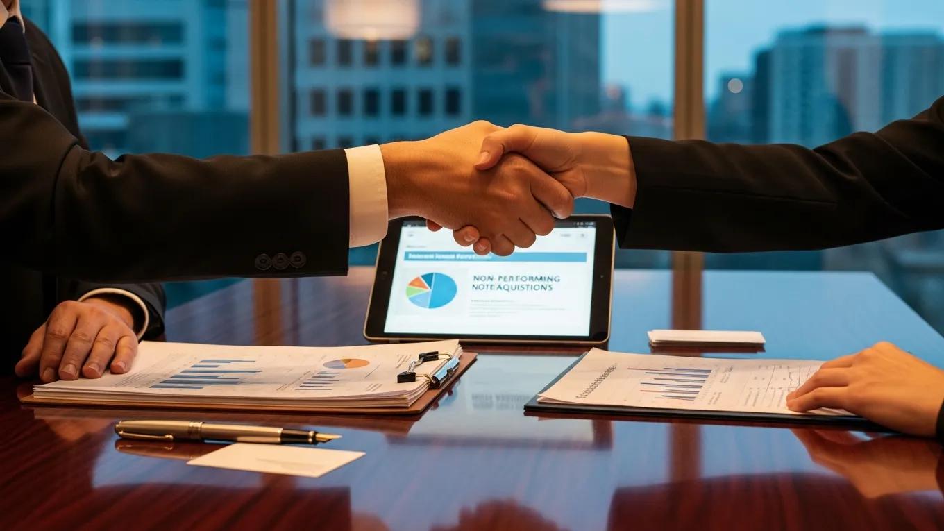 Handshake representing strategic partnerships in non-performing note acquisition
