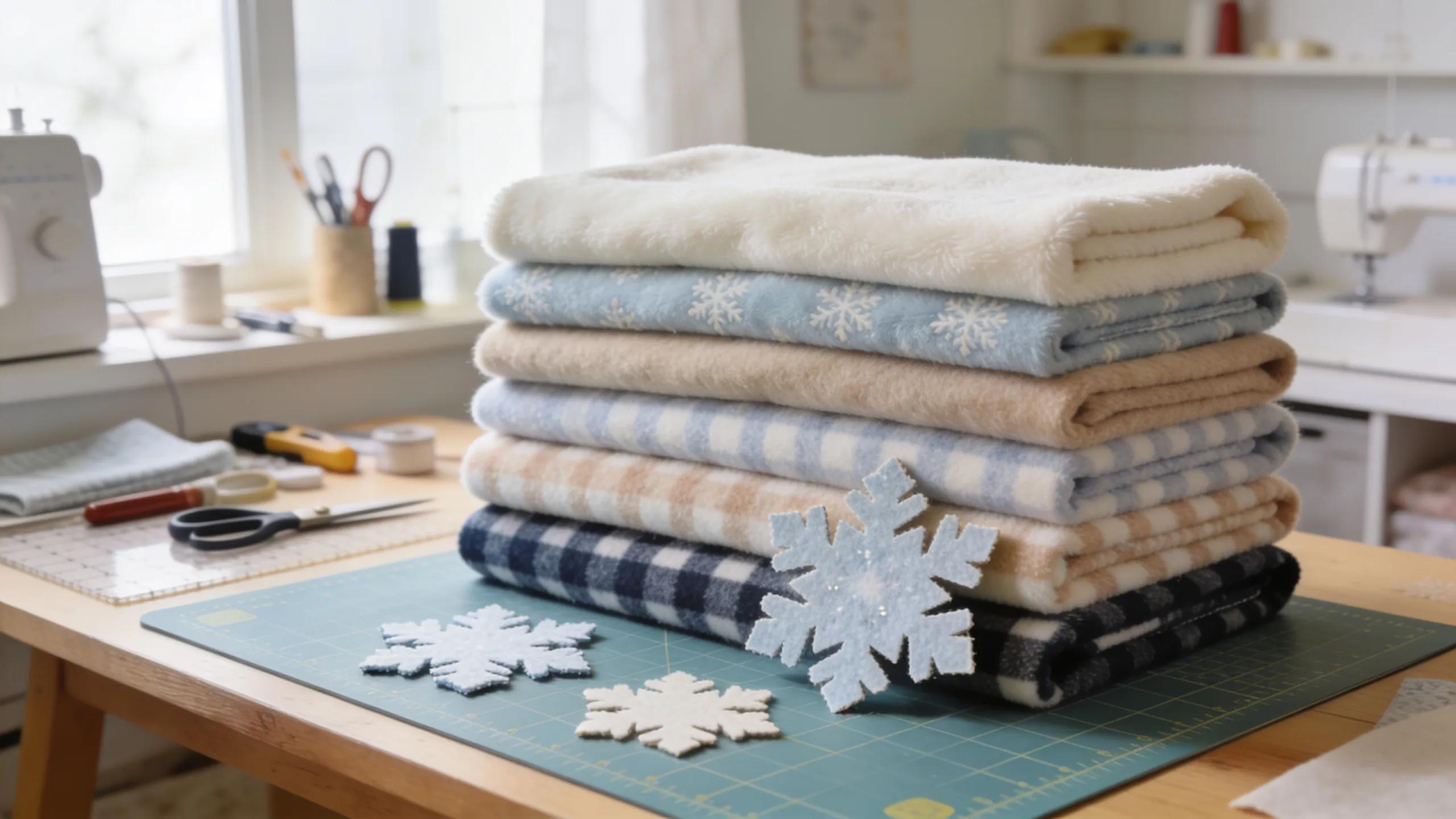 Arranged cotton, fleece, and flannel fabrics in a light sewing room, highlighting options for winter quilting projects.