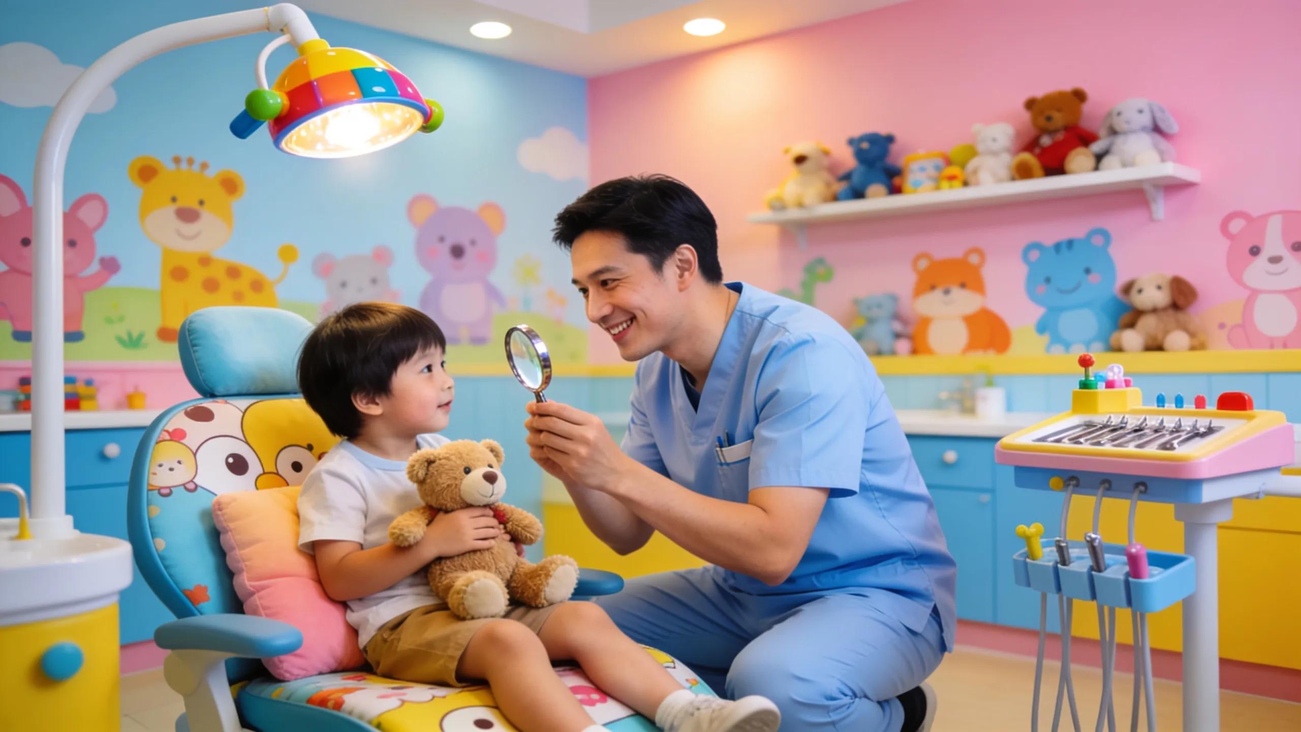 Pediatric dentist engaging with a child in a kid-friendly dental office