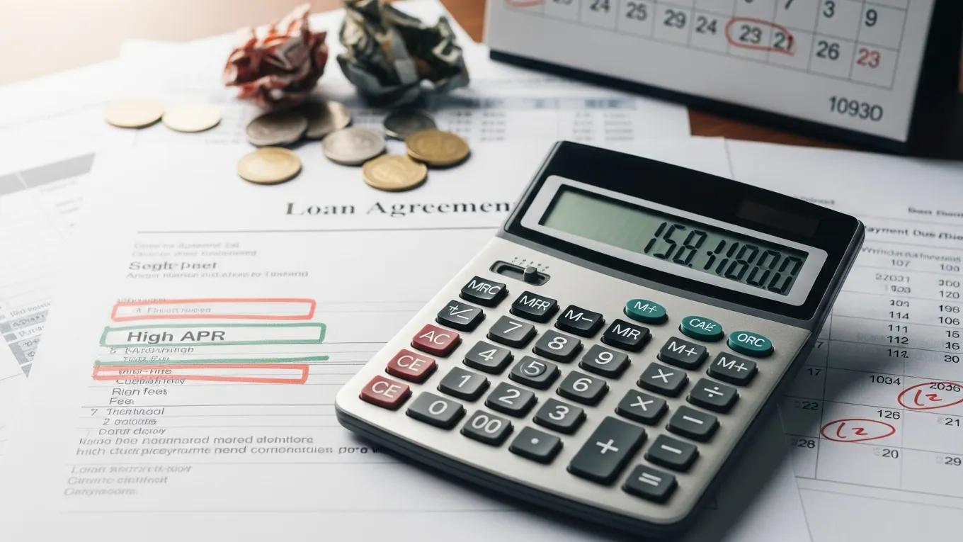 Calculator displaying loan figures on a loan agreement document, with highlighted terms like "High APR," coins, and crumpled bills, illustrating payday loan fees and financial calculations.