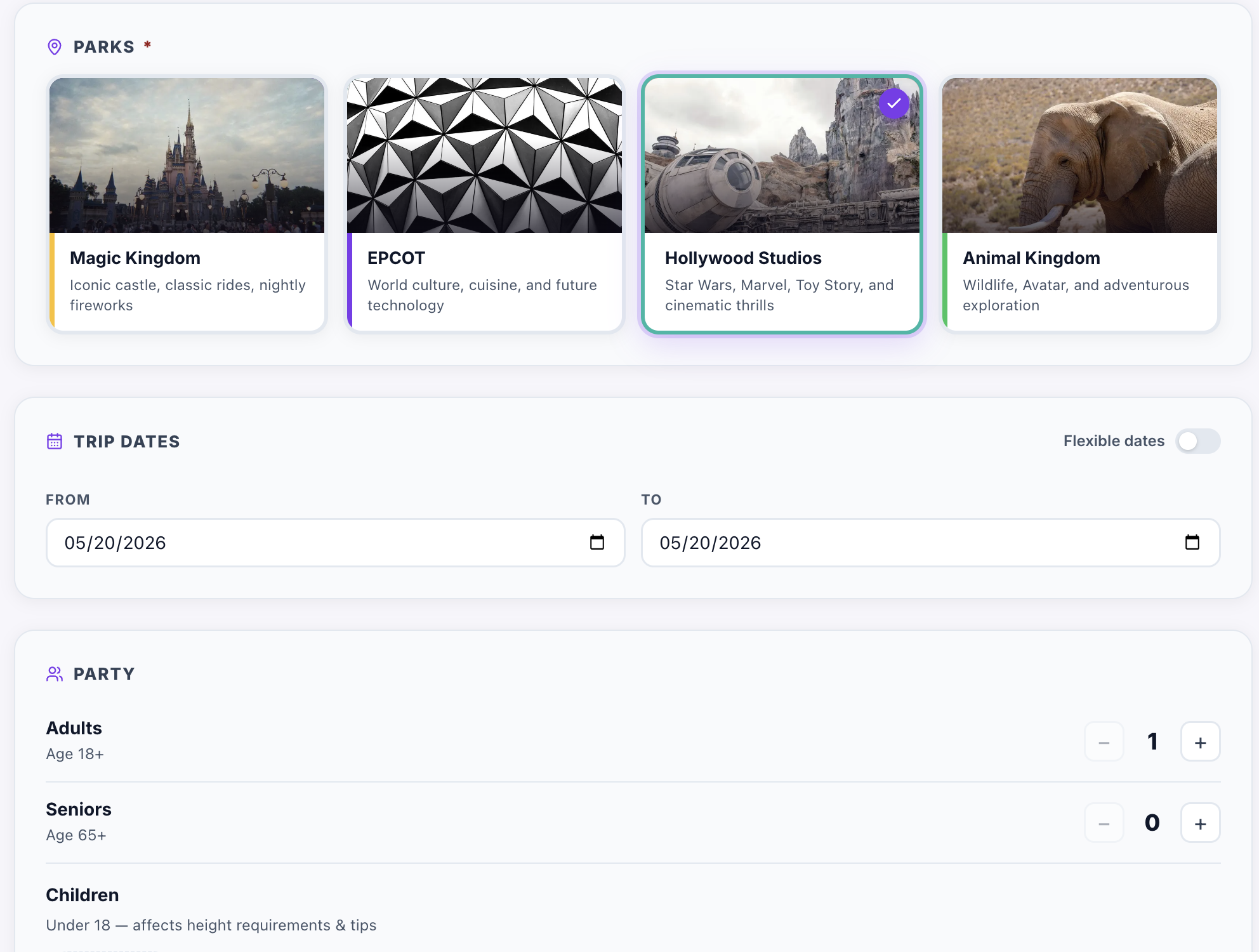 The ParkSwiz planner is where you enter the basic details of who you are traveling with to Walt Disney World