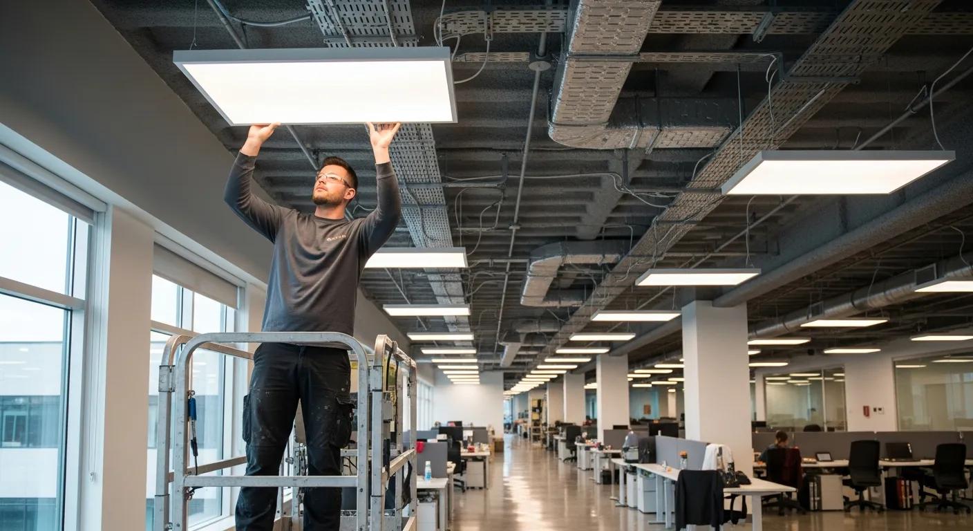 Technician installing budget-friendly LED specialty lighting fixtures in a commercial setting