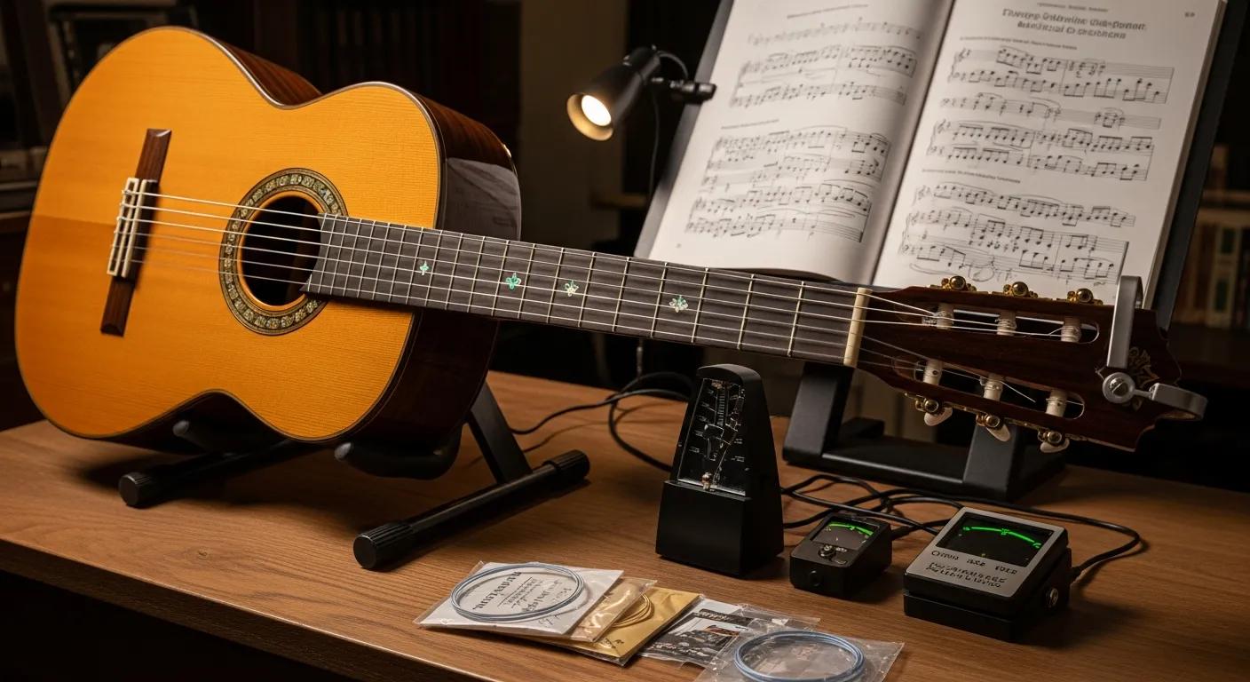 Classical guitar with nylon strings showcasing craftsmanship and accessories for learning