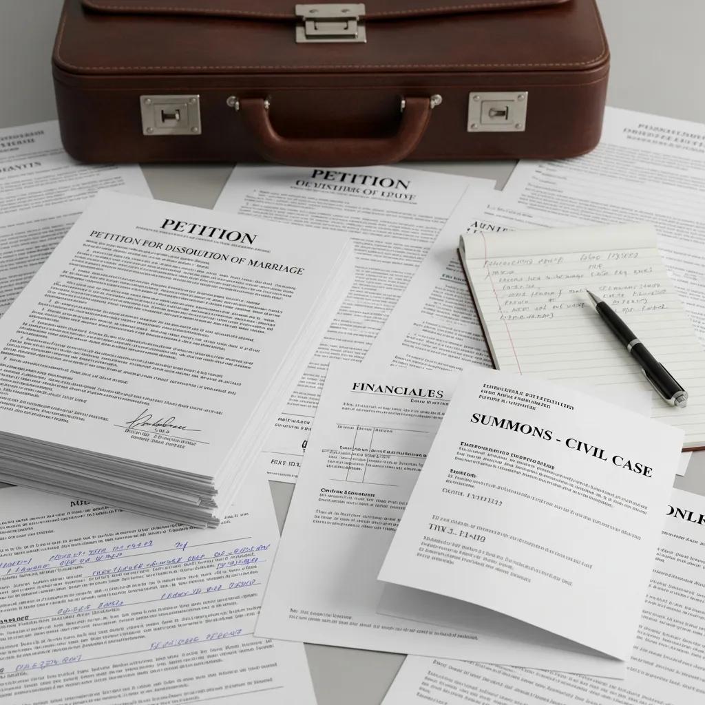 A spread of legal documents including divorce papers and court summonses