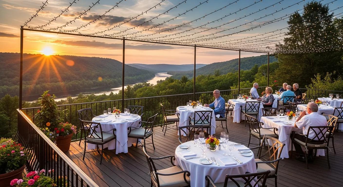 Outdoor dining at Otsego Resort with scenic views of the Sturgeon River Valley enhancing the dining experience