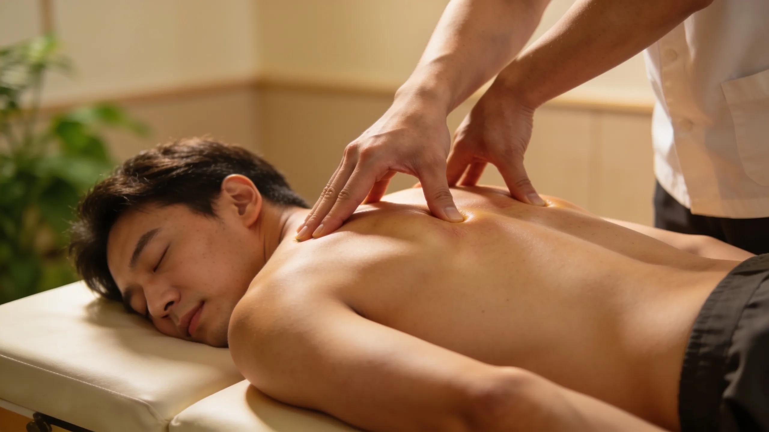 Therapist performing remedial massage on a client focusing on muscle strain relief