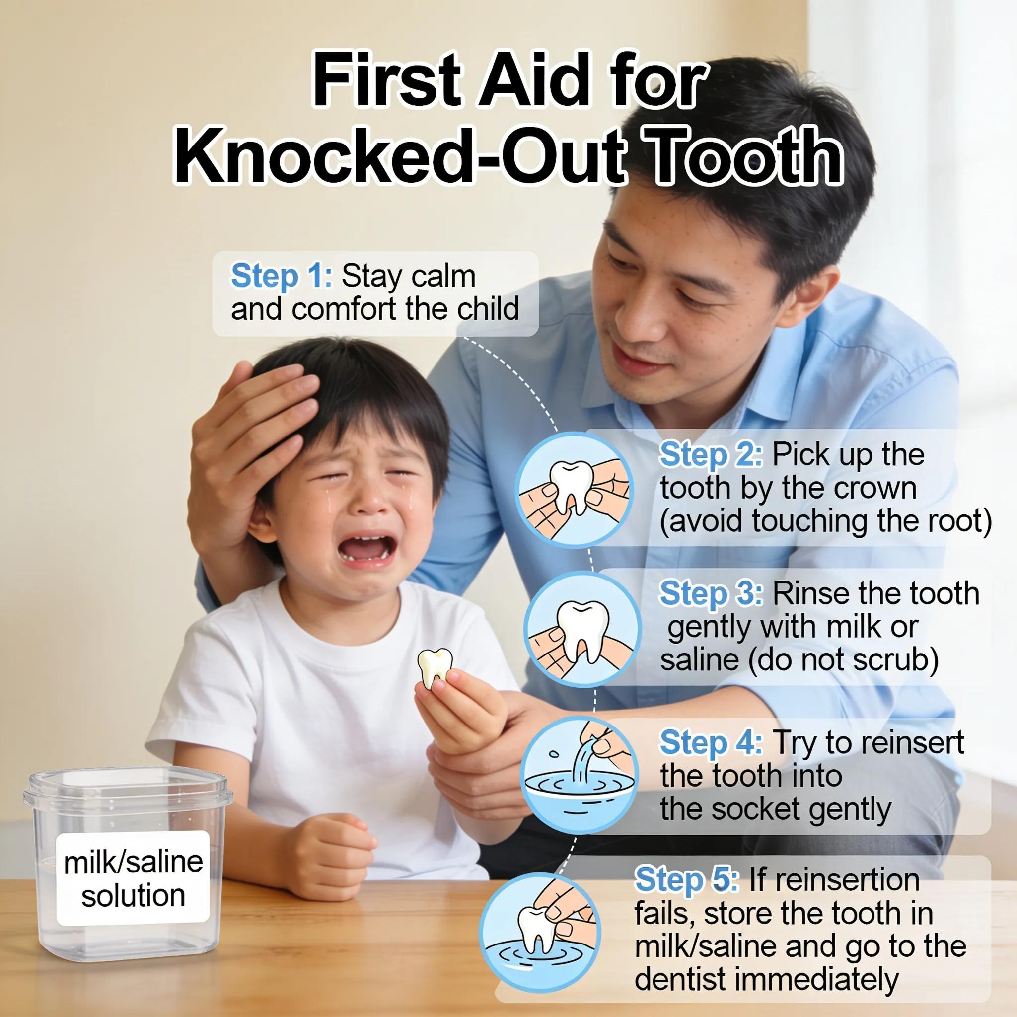 Step-by-step first aid for a knocked-out tooth showing a parent comforting their child