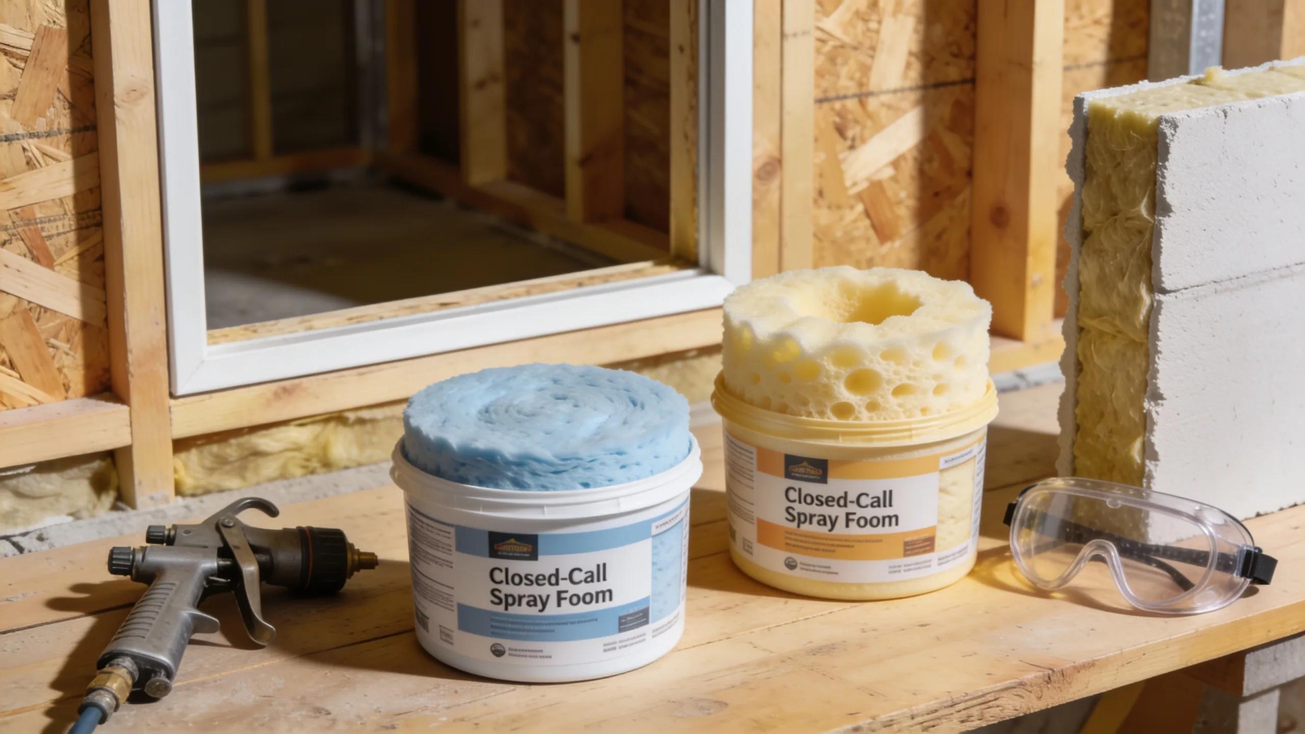 Different types of fire-resistant spray foam insulation materials displayed on a construction site