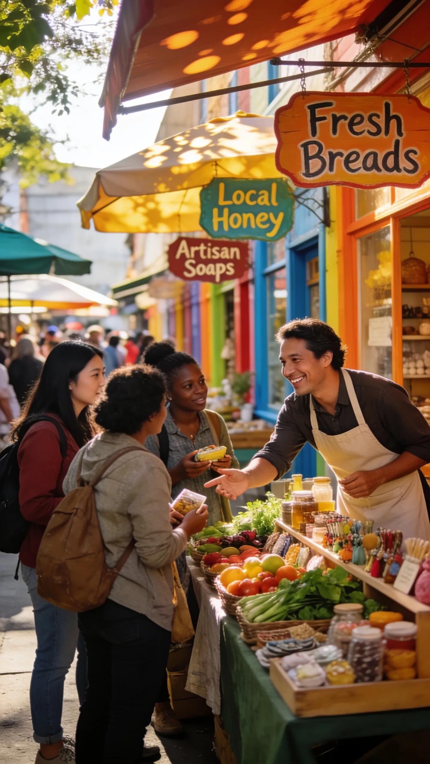 Small business owner engaging with customers in a vibrant local market setting, illustrating community involvement and local marketing.