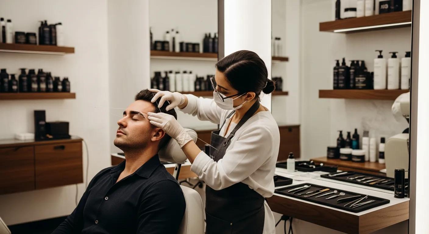 Men’s grooming salon with a male client receiving precision brow threading highlighting a professional and clean atmosphere