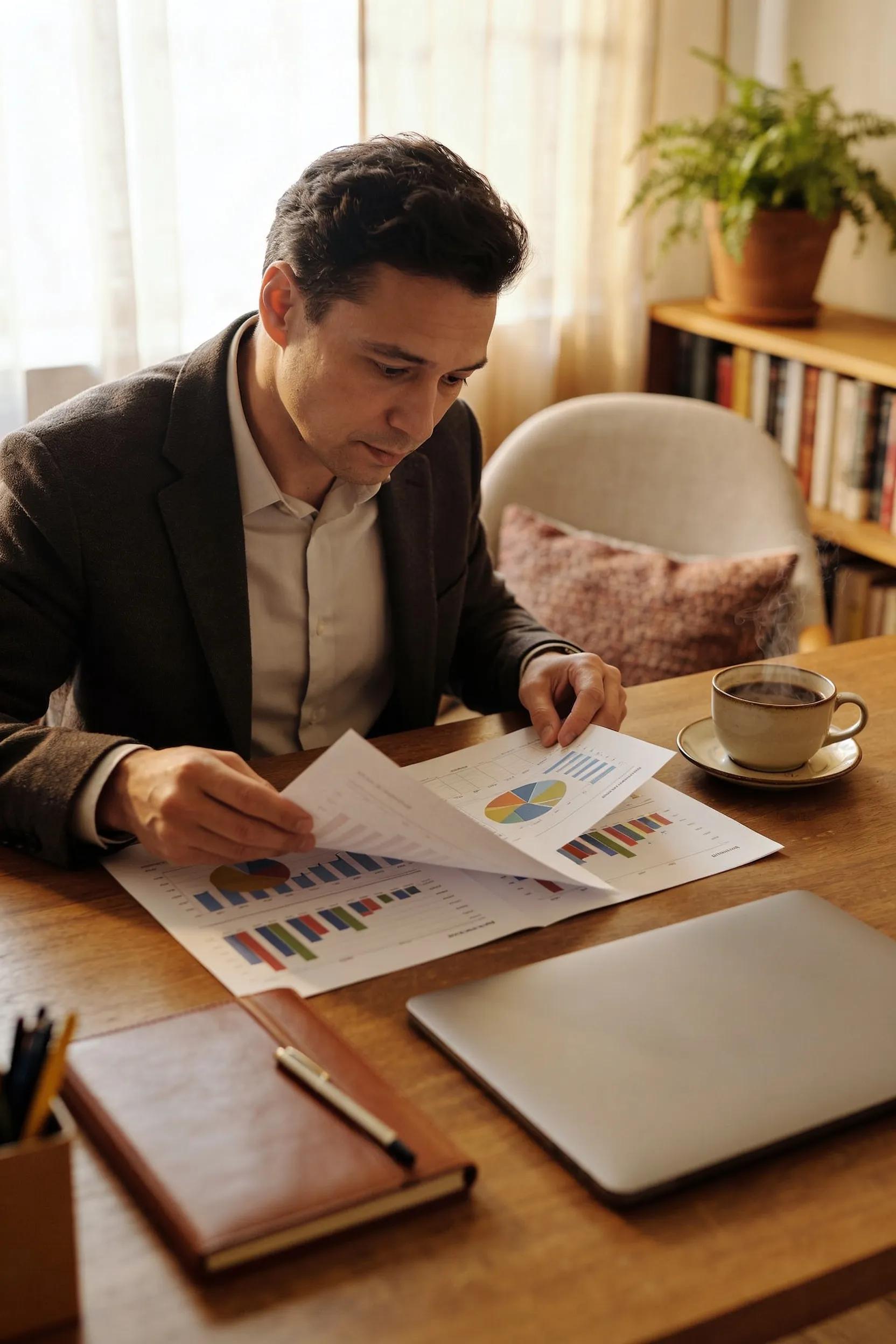 Mid-career professional in a cozy home office, focusing on financial growth and career planning