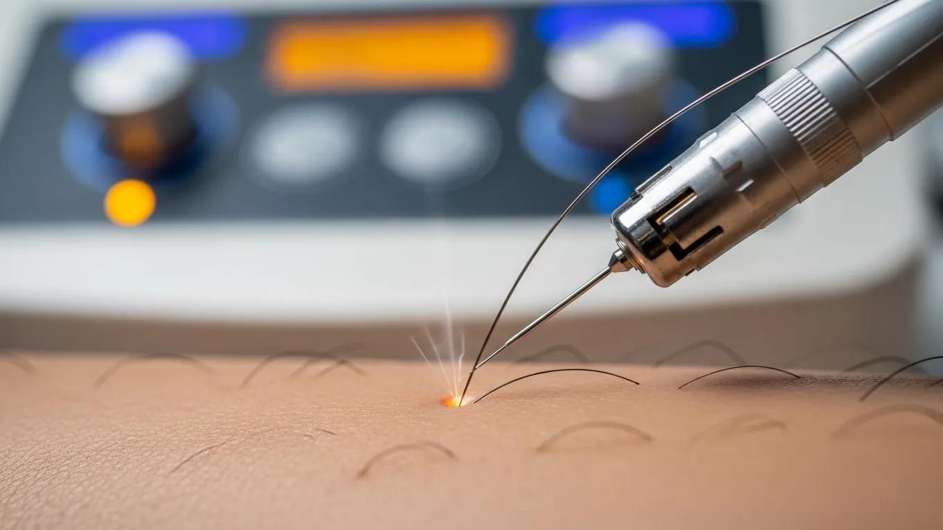 Close-up of electrolysis machine and probe during hair removal treatment