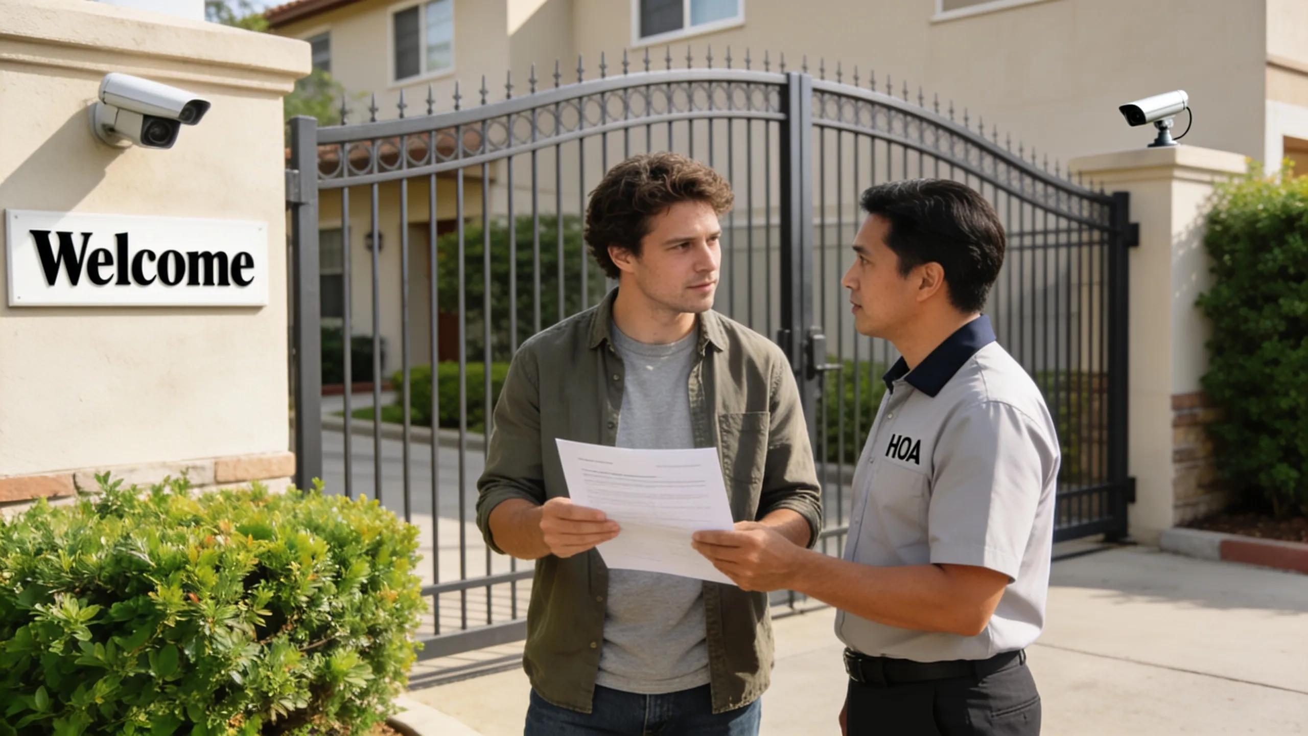 Person discussing regulations with HOA representative at a gated community entrance