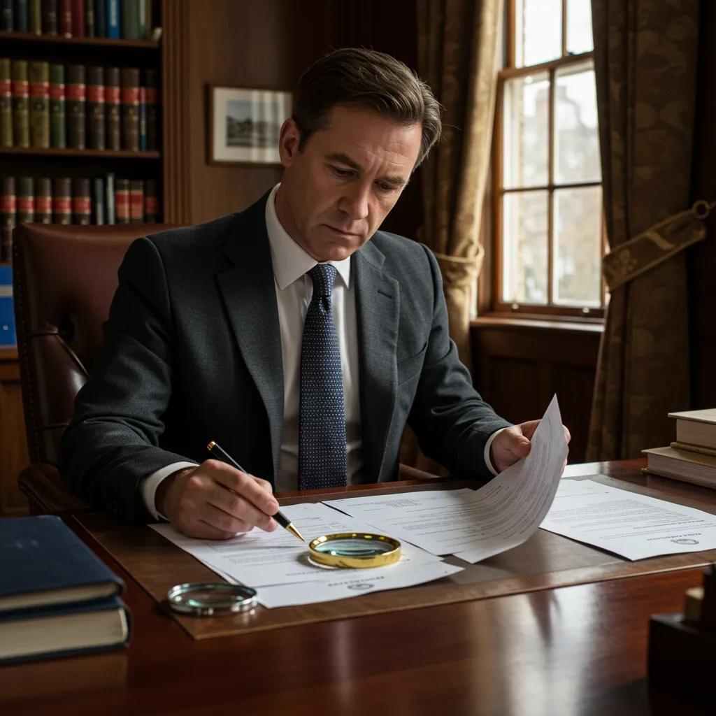 Private investigator examining documents in a Bedford office, showcasing professionalism and focus