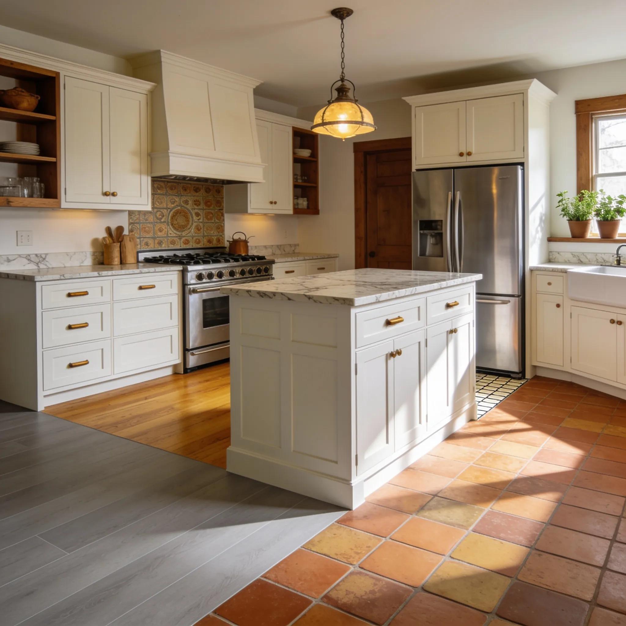 A modern kitchen with samples of vinyl, tile, and hardwood flooring arranged to show texture and finish