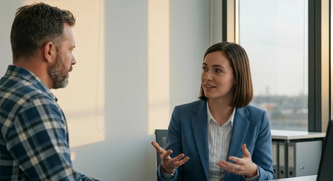 Worker talking with an Insurance All Stars agent about filing a workers’ comp claim