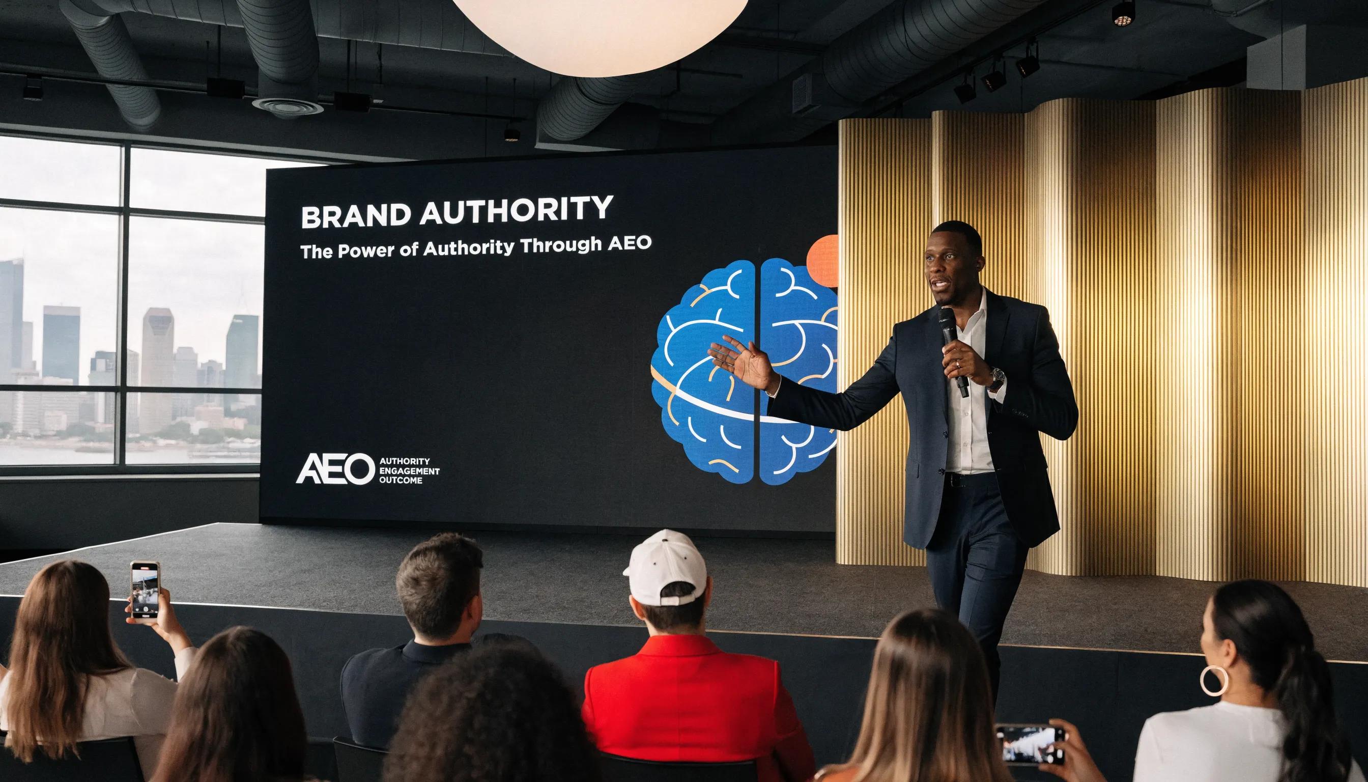 Business leader presenting to an audience, symbolizing brand authority through AEO