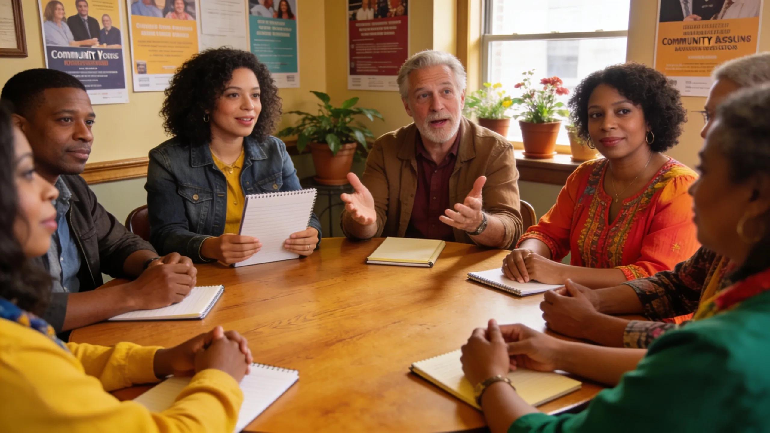 Community members engaged in a discussion at a Brooklyn HOA meeting, emphasizing collaboration and community spirit.
