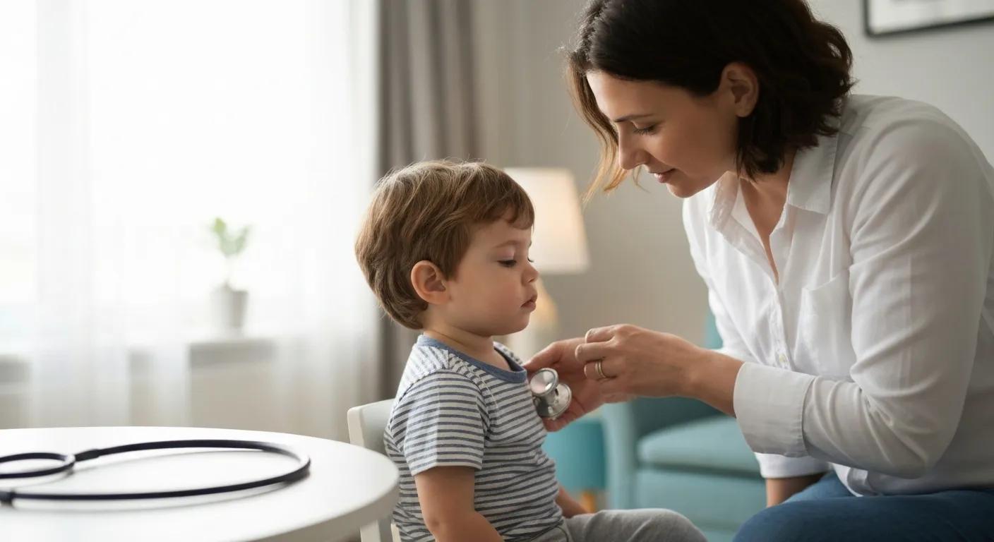 Create a realistic, high-quality image showing a concerned parent gently checking their young child’s breathing at home or in a softly lit pediatric setting. The child (around 2–5 years old) sits upright, calm but slightly tired, with the parent’s hand on their chest or back.  Include subtle visual cues of care — like a stethoscope on a nearby table, soft natural light, and a warm, reassuring atmosphere.  The tone should convey awareness and empathy, not fear. Avoid distressing or hospital-heavy visuals — focus on prevention, guidance, and parental attentiveness.