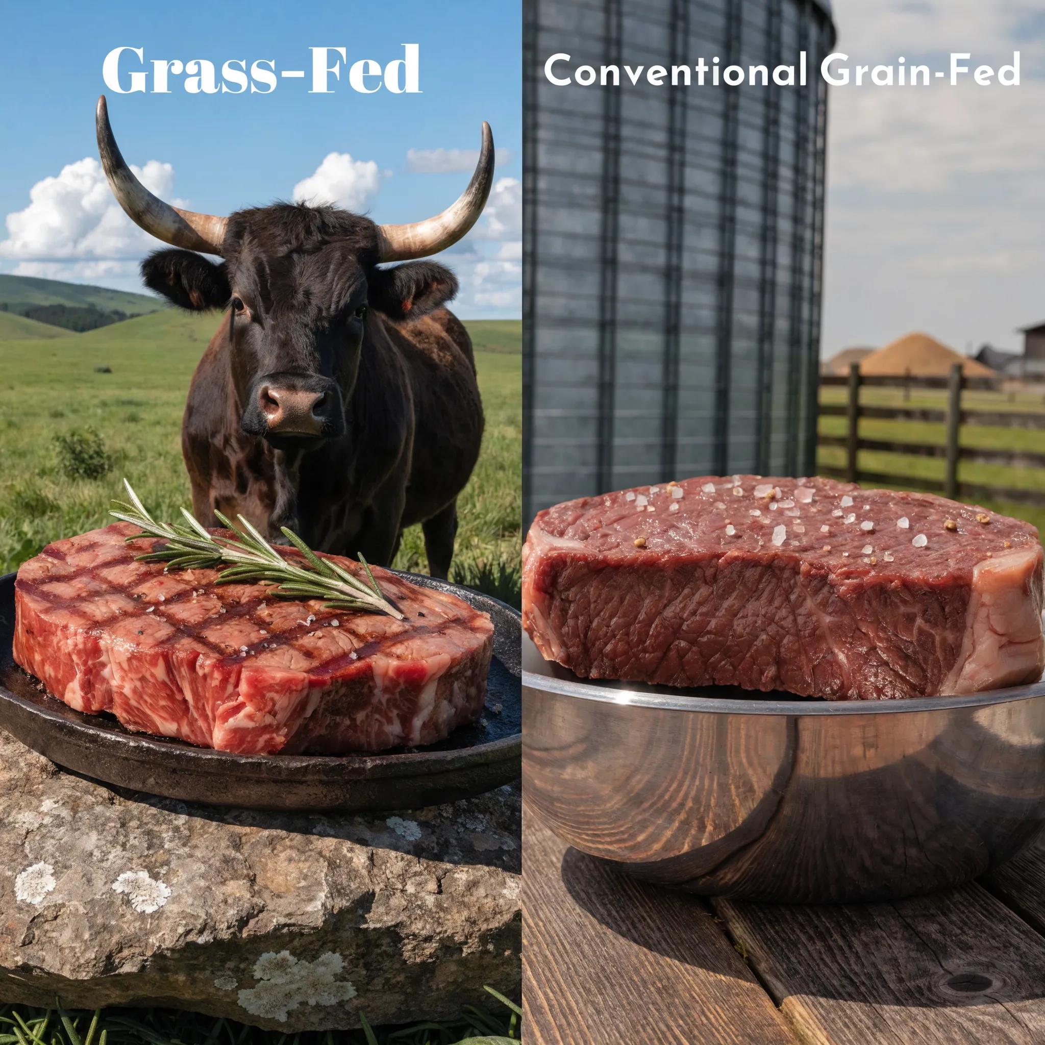 Comparison of grass-fed and grain-fed beef highlighting environmental and nutritional differences