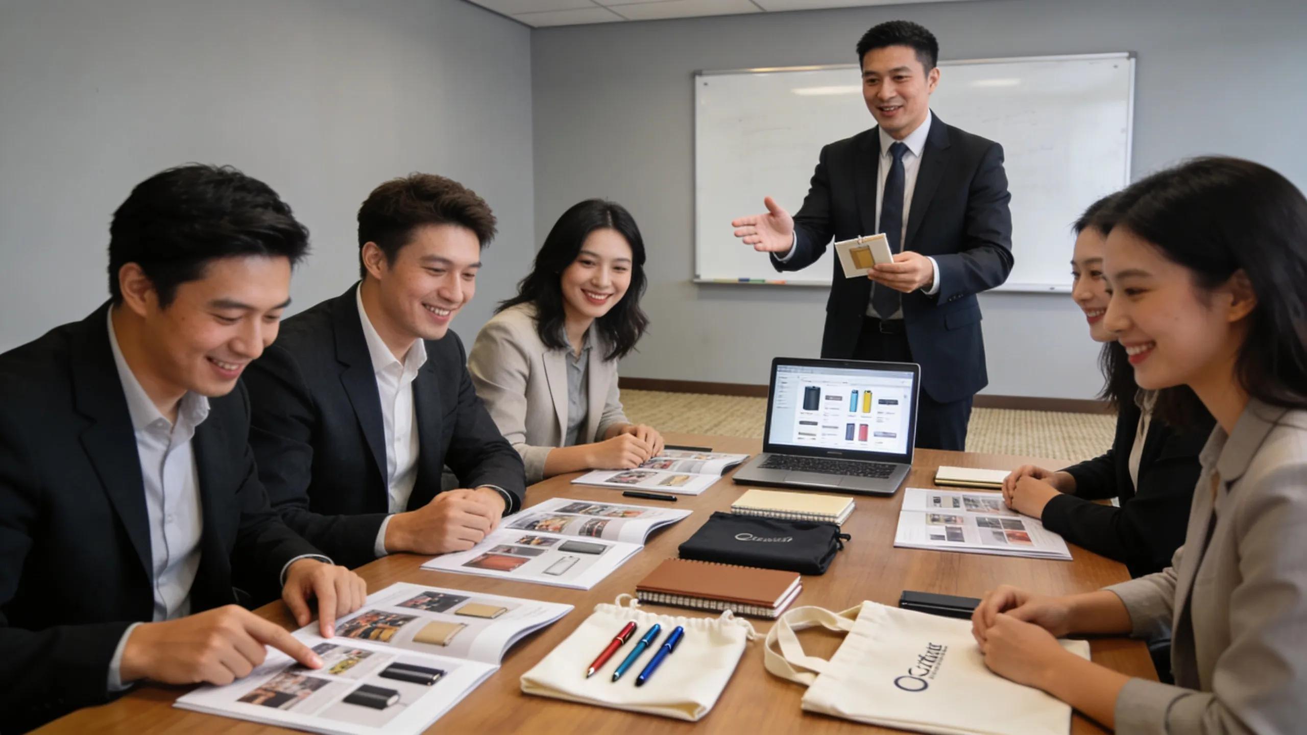 Business team reviewing promotional product samples and designs during a meeting.