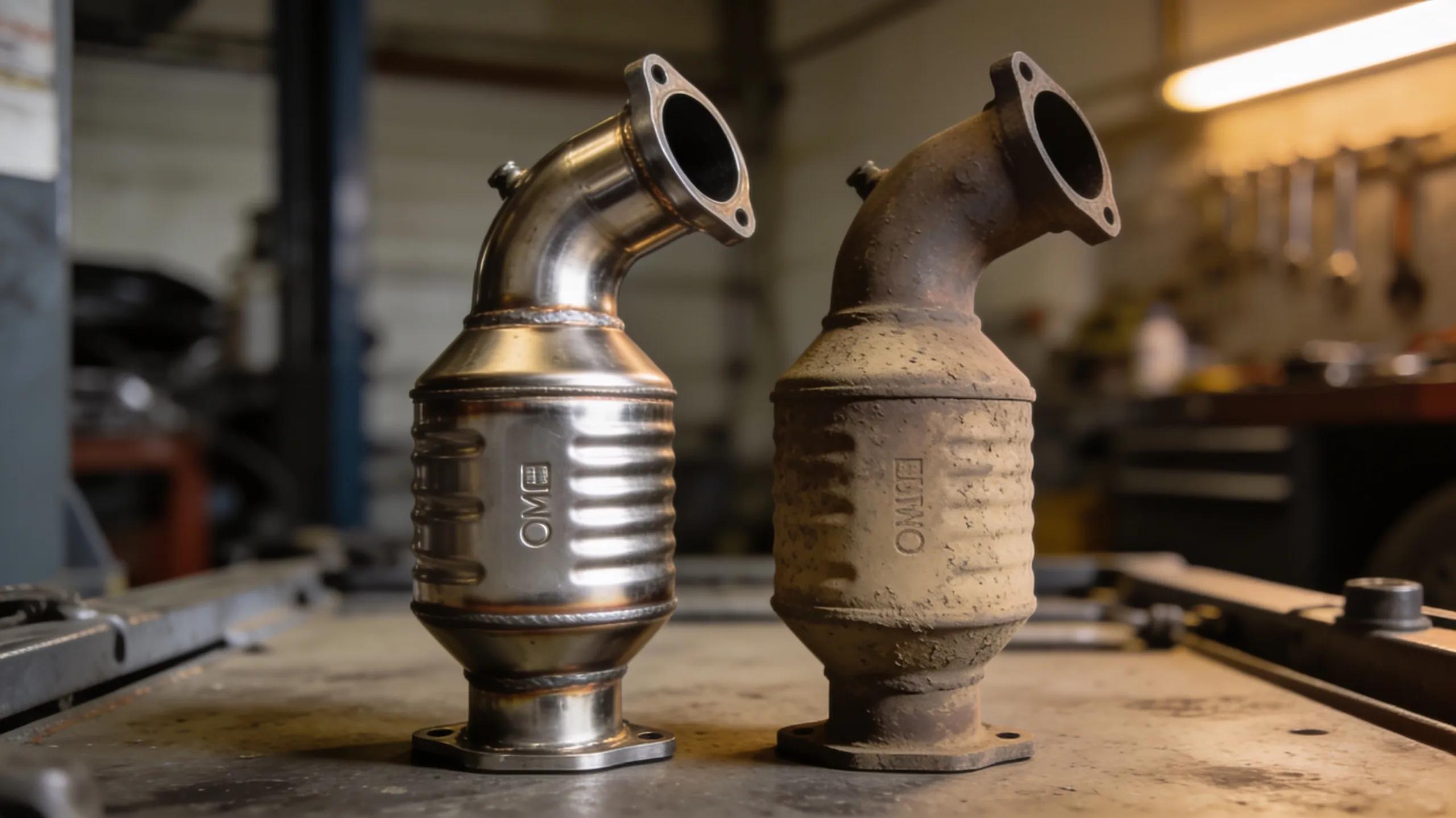 Comparison of OEM and aftermarket catalytic converters on a mechanic's workbench, showcasing design and material differences OEM and aftermarket catalytic converters comparison for vehicle replacement.