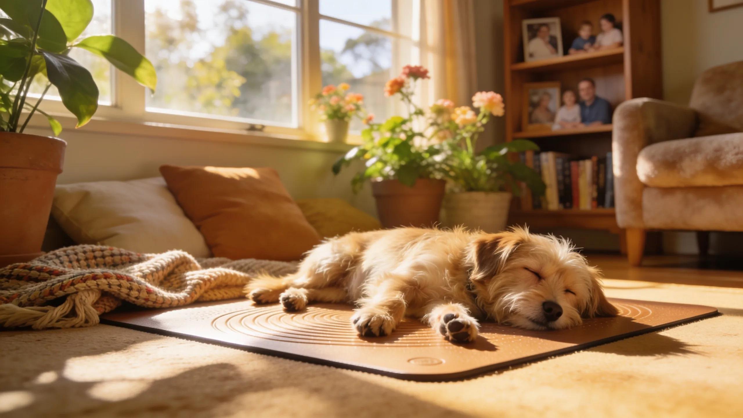 Dog relaxing on a grounding mat in a sunny Australian home, showcasing the mat's benefits for pets