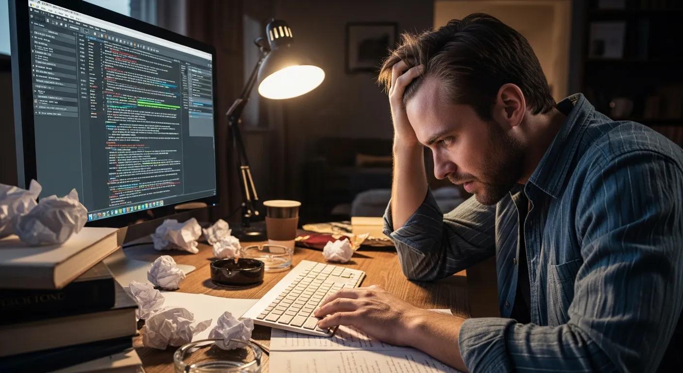 Frustrated writer at a cluttered desk — the common pain points of traditional scriptwriting Frustrated writer at a cluttered desk — the common pain points of traditional scriptwriting