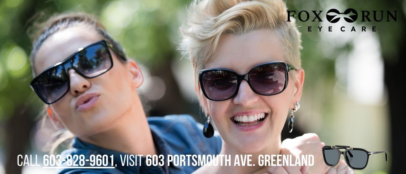 Patient wearing UV-protective sunglasses outdoors near Portsmouth NH, illustrating the importance of eye health and UV protection at Fox Run Eye Care Two smiling women wearing sunglasses outdoors, promoting eye protection and spring eye care services from Fox Run Eye Care.