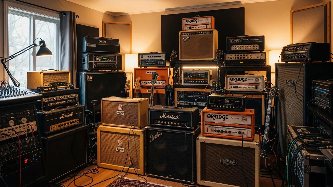 Diverse selection of guitar amplifiers in a cozy home studio, highlighting quality and expertise
