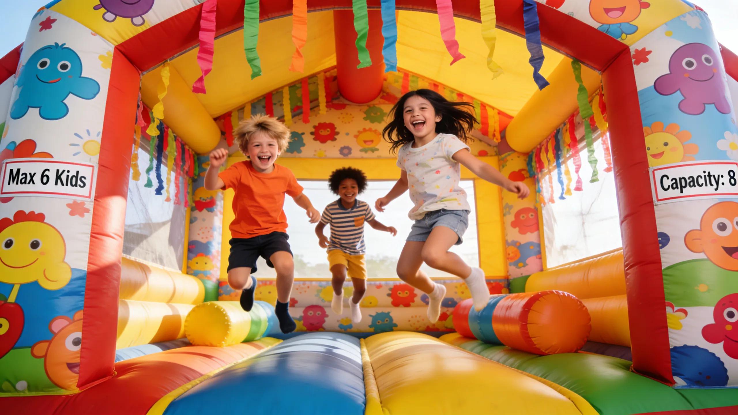 Children enjoying a bounce house, demonstrating size and capacity clarity