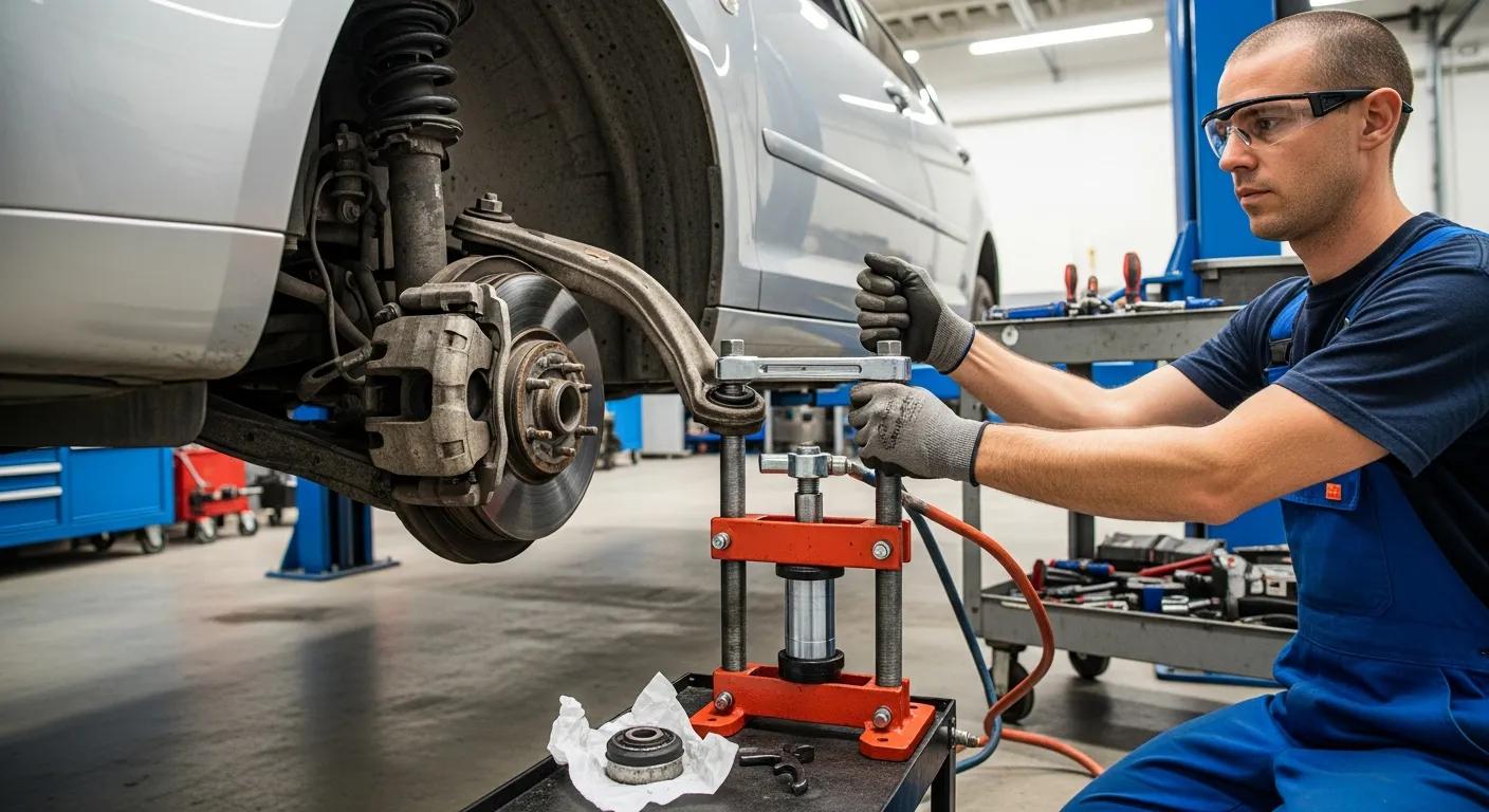 Technician performing suspension repair by removing old bushings