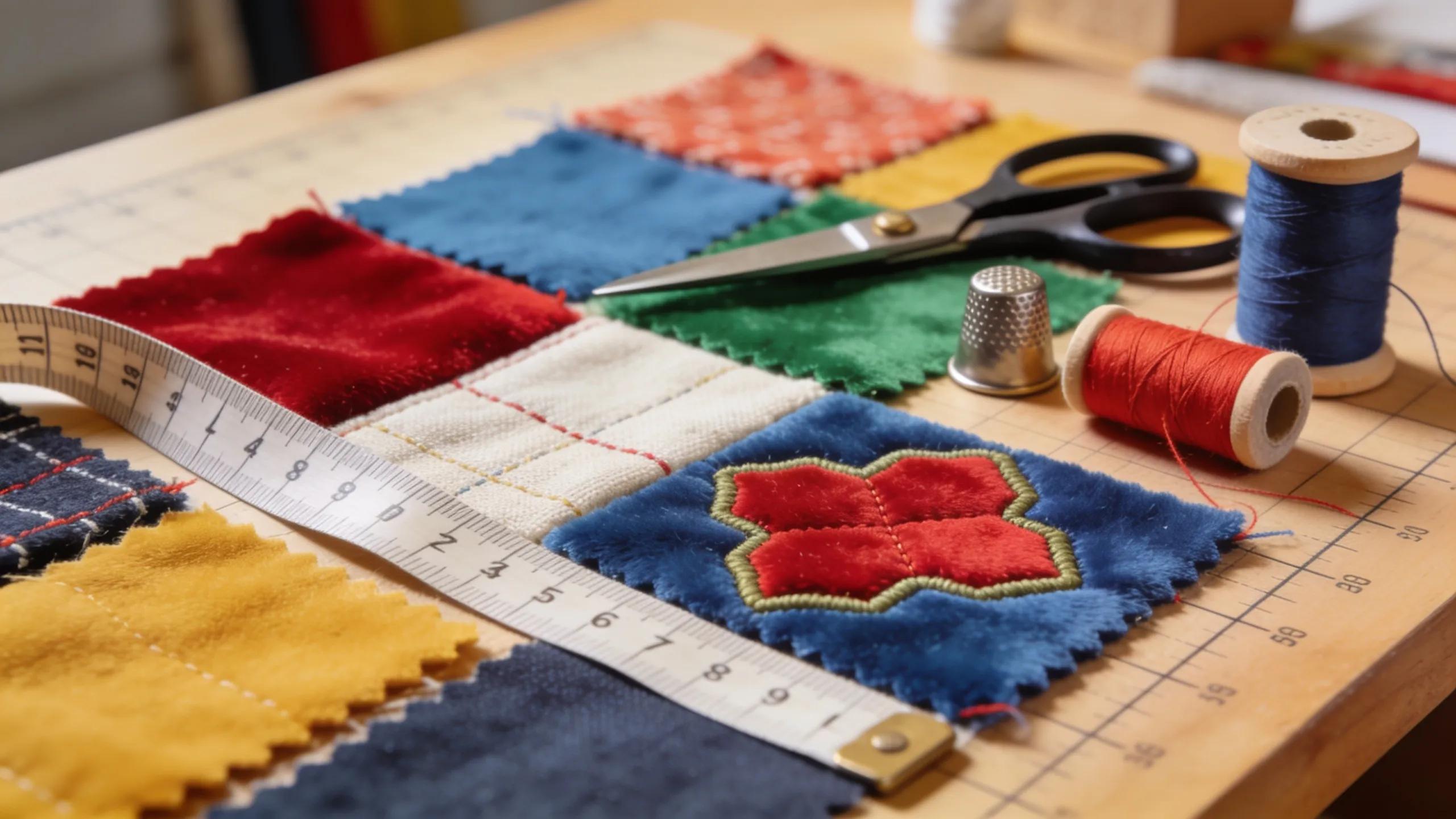 Variety of fabric swatches illustrating choices for appliqué and piecing quilting projects on a crafting table
