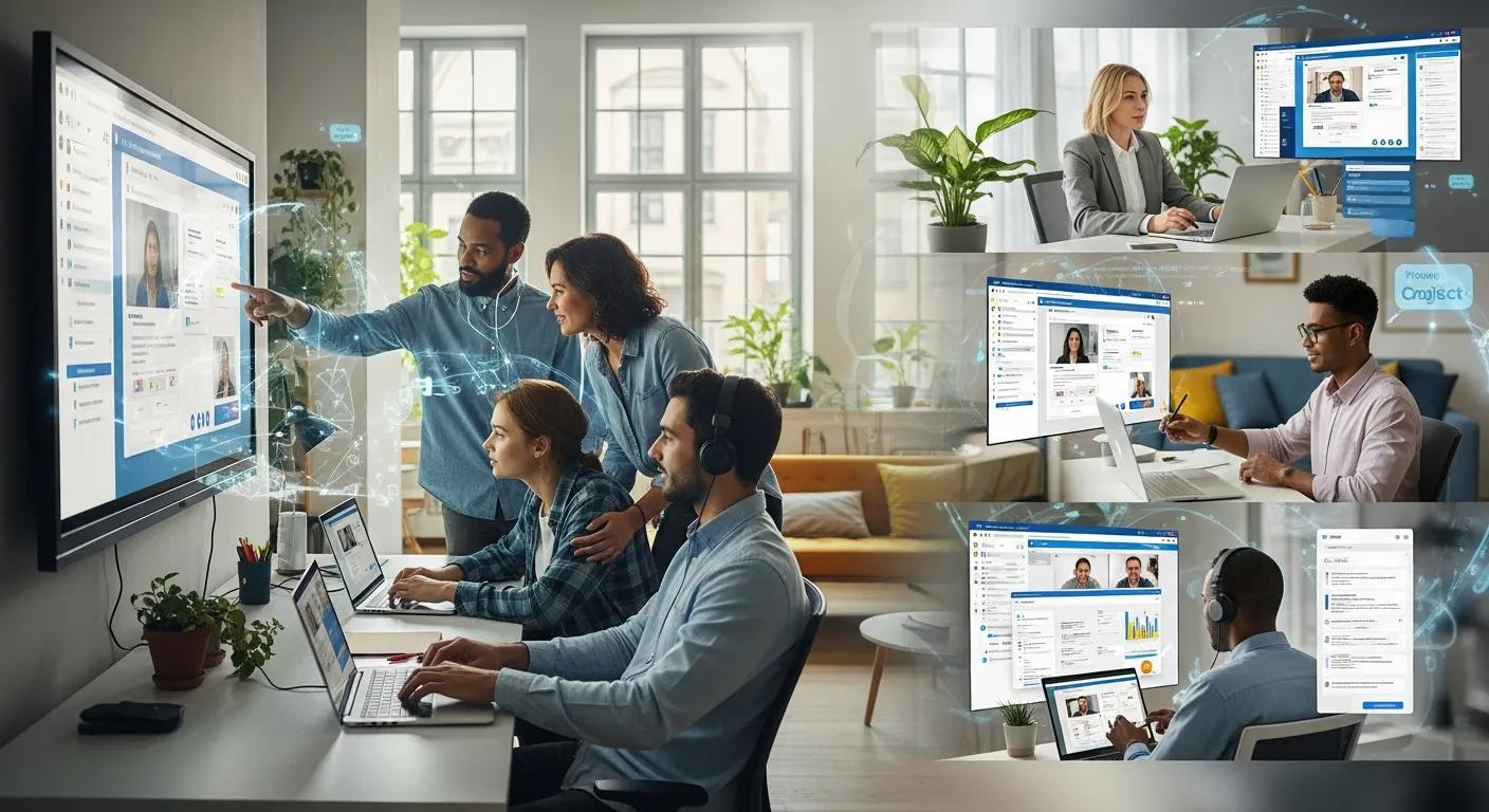 Employees utilizing cloud computing for hybrid work collaboration